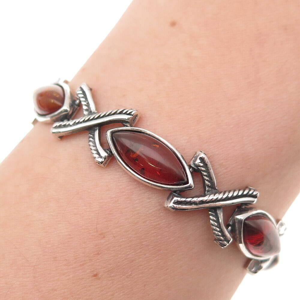 925 Sterling Silver Vintage JS Poland Real Amber X-Shape Oxidized Bracelet 7.75"